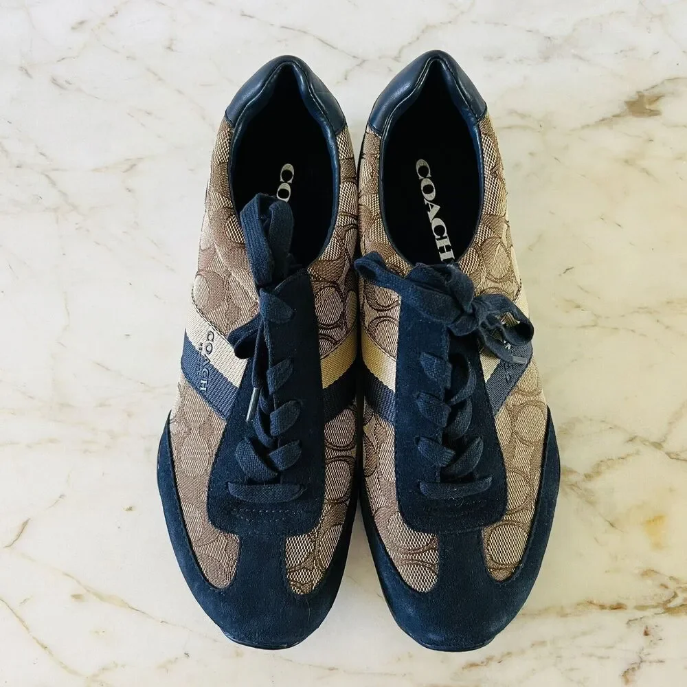 COACH Kelson Khaki Beige Midnight Navy Signature Jacquard Suede Sneakers - US 8